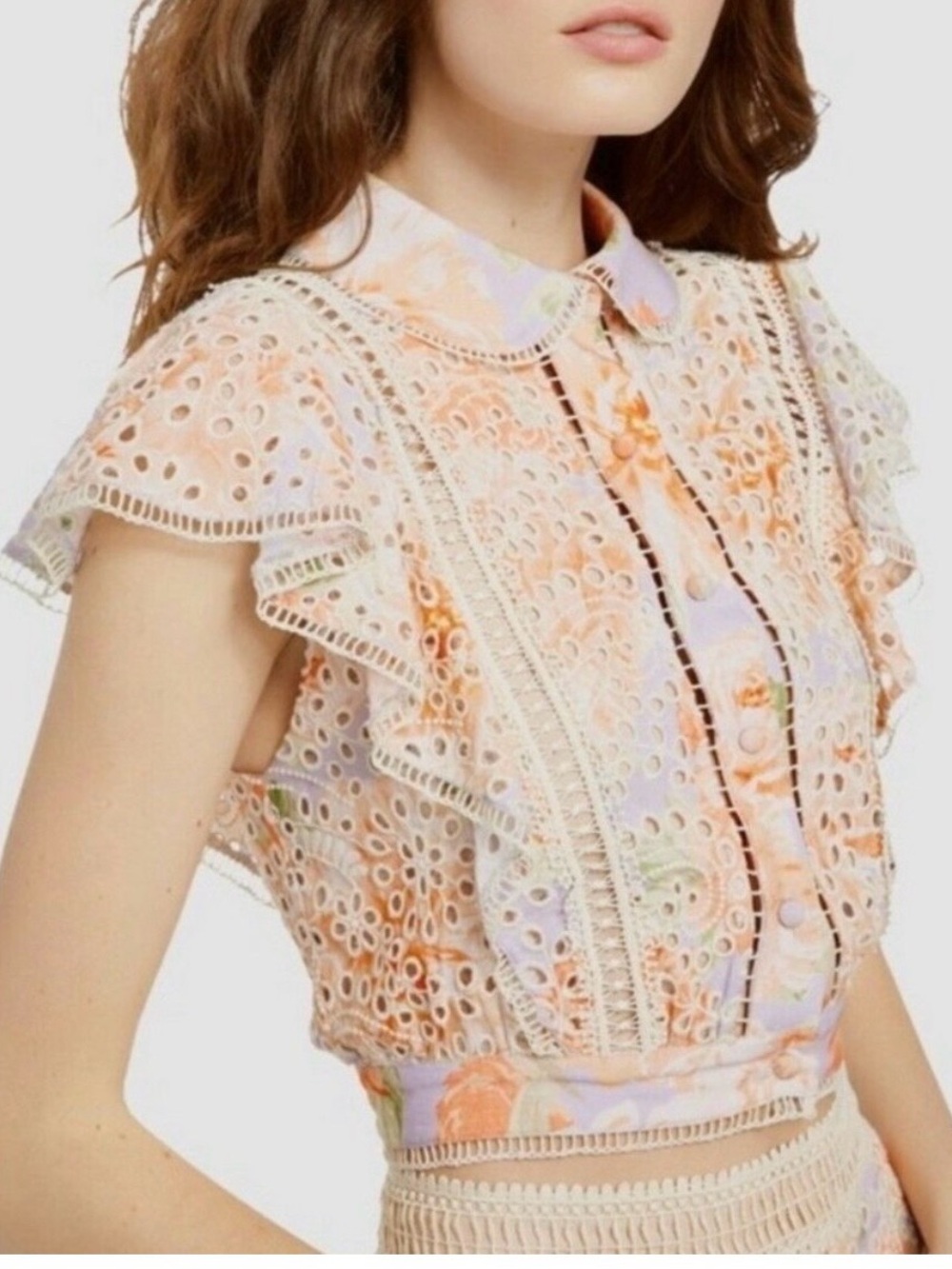 Alice + Olivia Peach Floral Eyelet Ruffle Crop Blouse